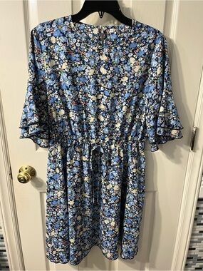 Blue Floral Short Sleeve Drawstring Waist Dress